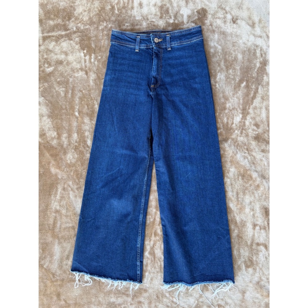 Zara Womens High Waisted Wide Leg Jeans Dark Wash Raw Hem Size 8